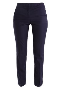 Nattblå skräddarsydda byxor med smal passform, tillverkade av vävt tyg. Har en mjuk yta och rena linjer utan synliga fickor eller dekorationer.