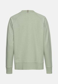 Lichtgroene sweatshirt met een zachte textuur, voorzien van een ribgebreide kraag, raglanmouwen en een subtiele verticale streepdetail bij de hals.