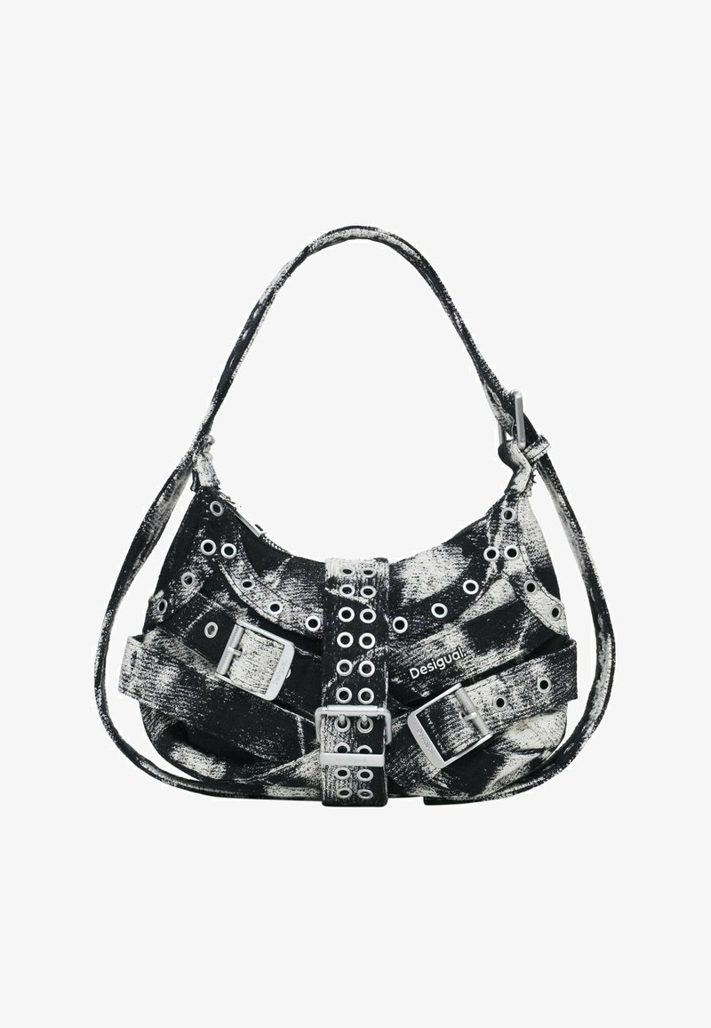 Sac à main en cuir noir et blanc vieilli avec des anses ornées d'œillets, des boucles argentées et le logo "Desigual" à l'avant.