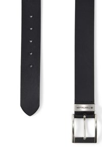 Black leather belt with a smooth texture, rectangular prong buckle, five holes, and a tapered end. Metal hardware displays logo detail.