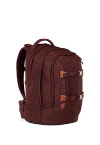 Dark red backpack with multiple zippered compartments, side pockets, padded shoulder straps, and two front buckle straps with leather details.