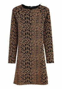 Černé šaty s dlouhým rukávem a metalickým zlatým leopardím potiskem, s kulatým výstřihem a volným střihem. Měkká textura, délka ke kolenům.