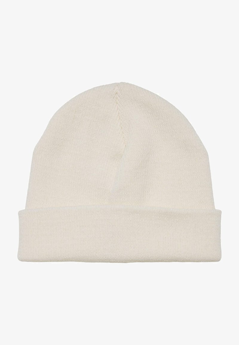 Berretto lavorato a maglia color crema con risvolto, realizzato in materiale morbido. Presenta un design senza cuciture e una parte superiore arrotondata.