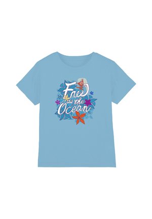 Light blue t-shirt with floral designs and the text "Free as the Ocean" in white, surrounded by blue, orange, and purple flowers.