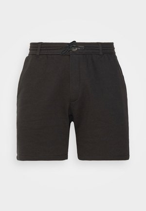 Shorts negri din bumbac cu talie elastică, închidere cu șnur, croială standard și buzunare laterale. Textură netedă, design casual.