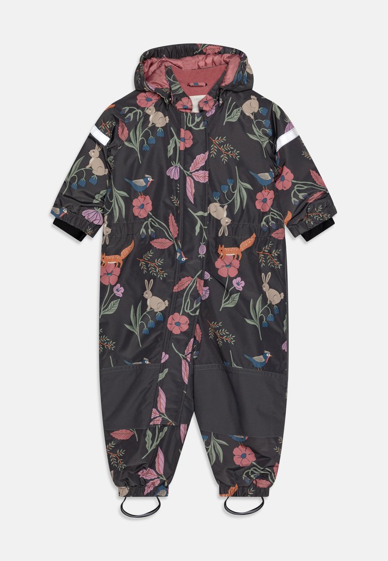 Black flowers and animals printed waterproof overall with a hood, elastic cuffs, and reflective strip. Features a soft, lined interior.