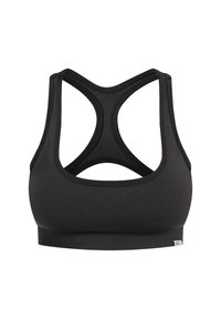 Schwarzer Sport-BH mit breitem Bund, Racerback-Design und glatter Textur. Verfügt über minimale Nähte und ein kleines Logo-Tag am unteren Ende.