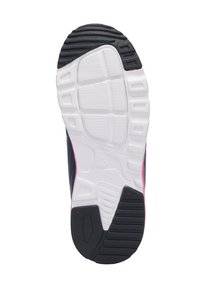 Schuhsohle mit einer strukturierten schwarzen Gummiaußensohle, weißem Zwischensohleneinsatz und rosa Akzenten; ausgestattet mit einem gemusterten Profil für Halt und Stabilität.