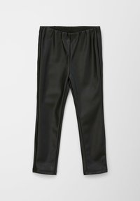 Zwarte nepleer leggings met een elastische tailleband, voorzien van een gladde structuur en rechte pijpen die eindigen bij de enkel.