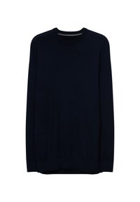 Granatowy sweter dzianinowy z klasycznym okrągłym dekoltem, długimi rękawami oraz ściągaczami przy mankietach i u dołu; gładka faktura, luźny krój.