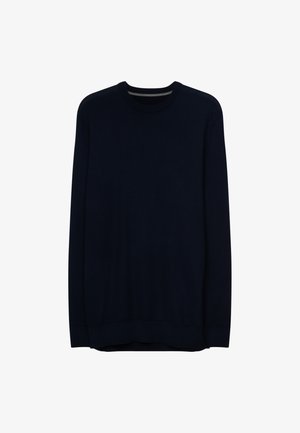 Maglione lavorato a maglia blu navy con scollo a giroclassico, maniche lunghe e polsini e orlo a coste; texture liscia, vestibilità comoda.