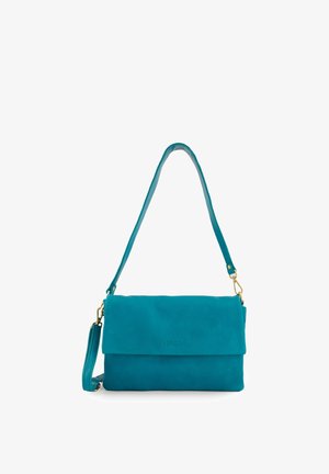 Taschenhandtasche aus Türkis-Leder mit einem umschlagbaren Klappenverschluss, verstellbarem Trageriemen und goldfarbenen Hardware-Elementen. Glatte Oberfläche mit geprägtem Branding auf der Vorderseite.