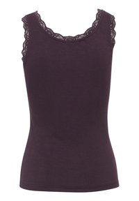 Débardeur violet à côtes avec un col rond, doté d'une finition en dentelle le long des bords et d'une silhouette ajustée. Tissu doux au toucher.
