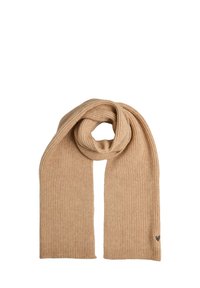 Beige geribbelde sjaal gemaakt van zacht materiaal, met een afgeronde vorm en een klein merkaccent in de rechterbenedenhoek.