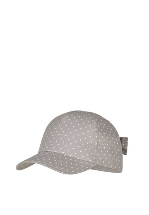 Light gray baseball cap with small white polka dots and adjustable strap at the back.