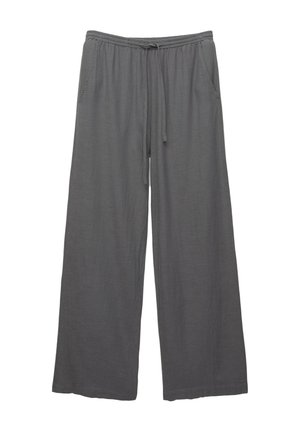 Wide-leg pants in a soft gray fabric, featuring an elastic waistband with a drawstring and side pockets for convenience.