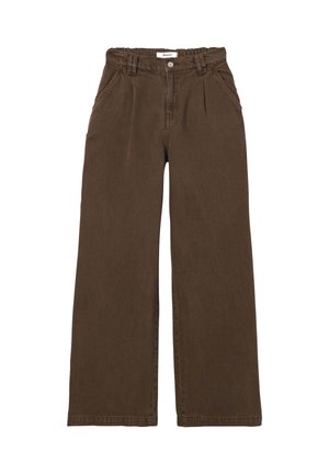 Pantalon marron à taille haute et jambes larges, avec passants de ceinture, bouton frontal, fermeture éclair et poches latérales, posé à plat sur un fond blanc.