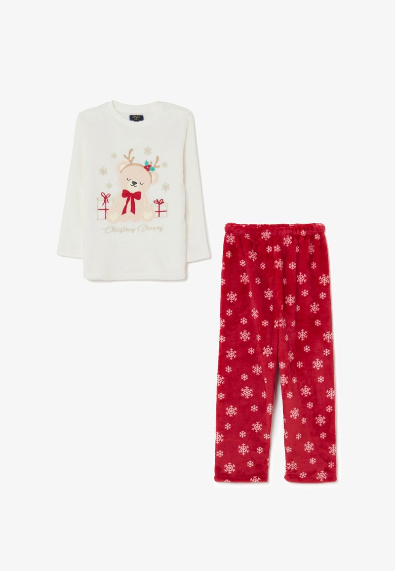 Weißes Langarmshirt für Kinder mit Bären- und Geschenkdesign, kombiniert mit roten Hosen, die mit weißen Schneeflockenmuster versehen sind, beides aus weichem Stoff.