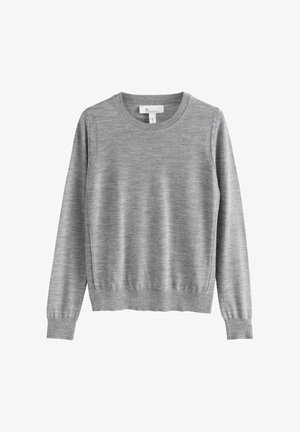 Szürke kerek nyakú pulóver, puha anyagból készült, hosszú ujjakkal, bordás mandzsettával és egyenes szegéllyel. Simított felület, minimális díszítéssel.