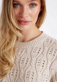 Hellbeige gestrickter Pullover mit strukturiertem Blattmuster, geripptem Rundhalsausschnitt und mittel-langen Ärmeln. Nahe Ansicht.