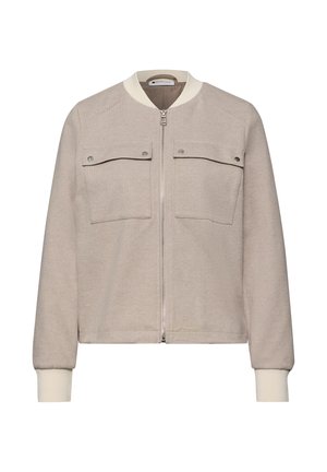 Béžová bunda na zip s dvěma předními kapsami s klopou, žebrovanými manžetami a límcem, s jemnou rybí kostí texturou.