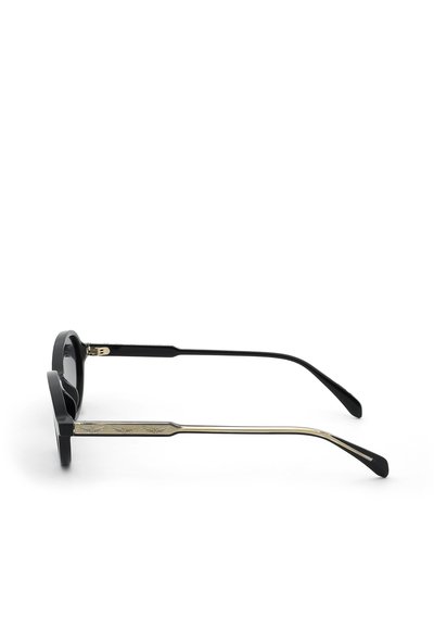 Black framed sunglasses with slim gold metal arms engraved with a subtle bird design, shown from the side on a white background.