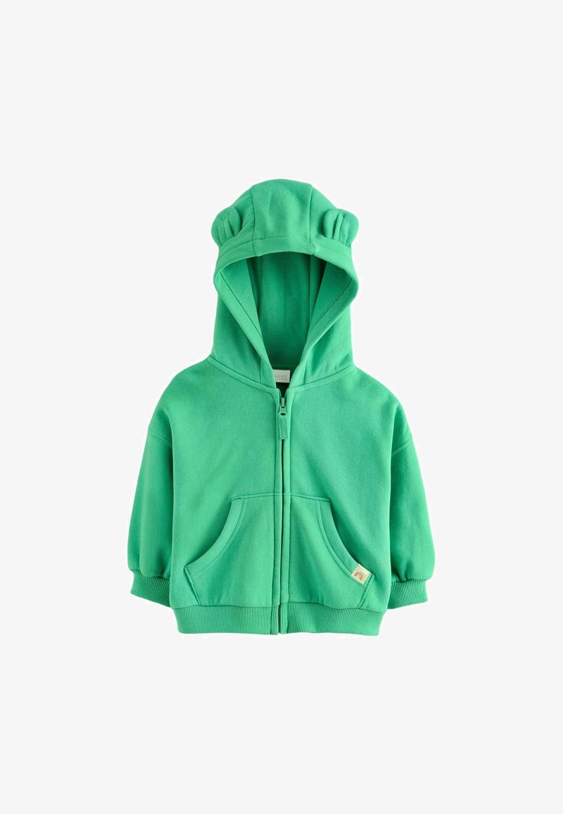 Grüne Zip-Hoodie mit Bärenohren, aus weichem Stoff gefertigt. Verfügt über Fronttaschen und gerippte Bündchen, mit einem kleinen Etikett am Saum.