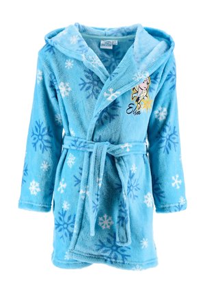 Himmelblauer Kinderbademantel mit Kapuze, Schneeflockenmuster, Taillenzug und besticktem Charaktergesicht mit der Bezeichnung "Elsa" aus Frozen.