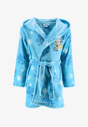 Bata de baño infantil de color azul claro con capucha, patrón de copos de nieve, cinturón en la cintura y cara de personaje bordada etiquetada como "Elsa" de Frozen.