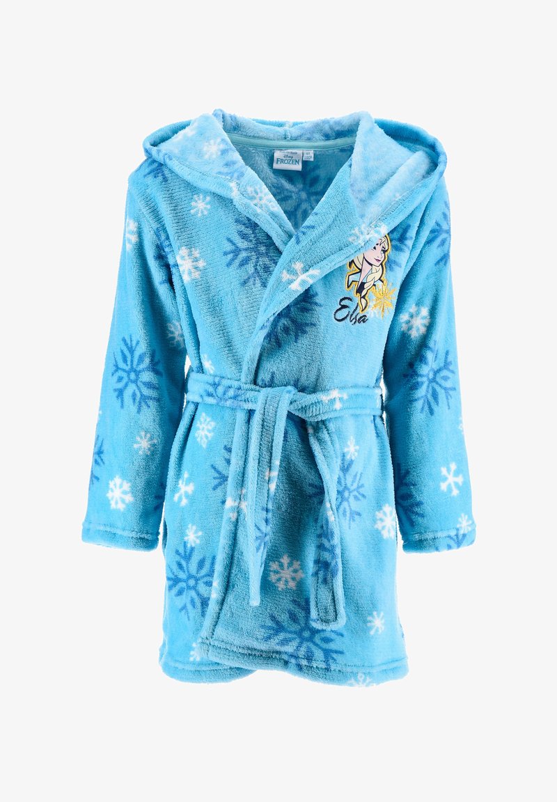 Peignoir de bain pour enfants bleu clair avec capuche, motif flocons de neige, ceinture à la taille et visage de personnage brodé étiqueté "Elsa" du film La Reine des Neiges.
