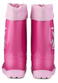 Roze rubberen regenlaarzen met een glanzende afwerking, voorzien van een zachte roze textielboord en een witte eenhoornontwerp aan de zijkanten. Rond neus.