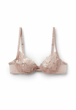 Soutien-gorge en dentelle rose doux avec broderie florale. Bonnets avec armature et fines bretelles réglables. Tissu en mesh transparent sur les côtés et le dos.