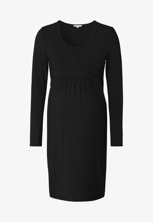 Robe de maternité noire à manches longues avec un design croisé, froncée sous la poitrine, fabriquée en tissu doux et extensible.