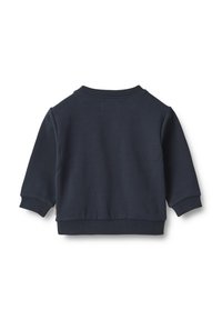 Felpa blu navy con maniche lunghe, tessuto testurizzato, collo a costine e polsini. Presenta un design semplice e pulito senza grafiche visibili.