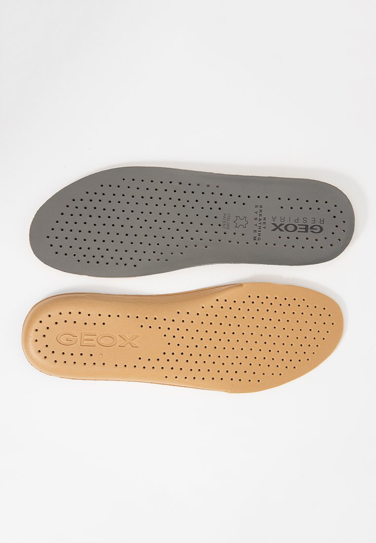 Zwei Einlagen nebeneinander: eine graue mit Perforationen und Text, die andere tanfarben mit einem ähnlichen Design. Beide aus flexiblem Material gefertigt.