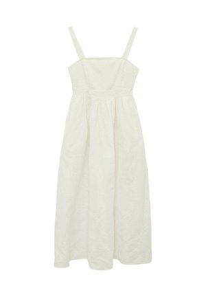 Hvid midikjole med tynde stropper, firkantet halsudskæring, tætsiddende bodice og blomstret tekstureret stof.