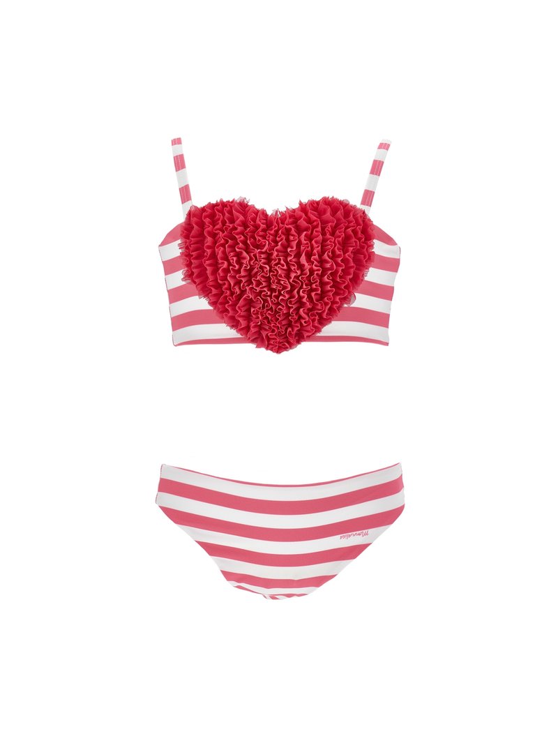 Bikini mit Trägern im pink gestreiften Muster. Das Oberteil hat eine rüschende Herzform, und die Unterteile sind schlicht gestreift.