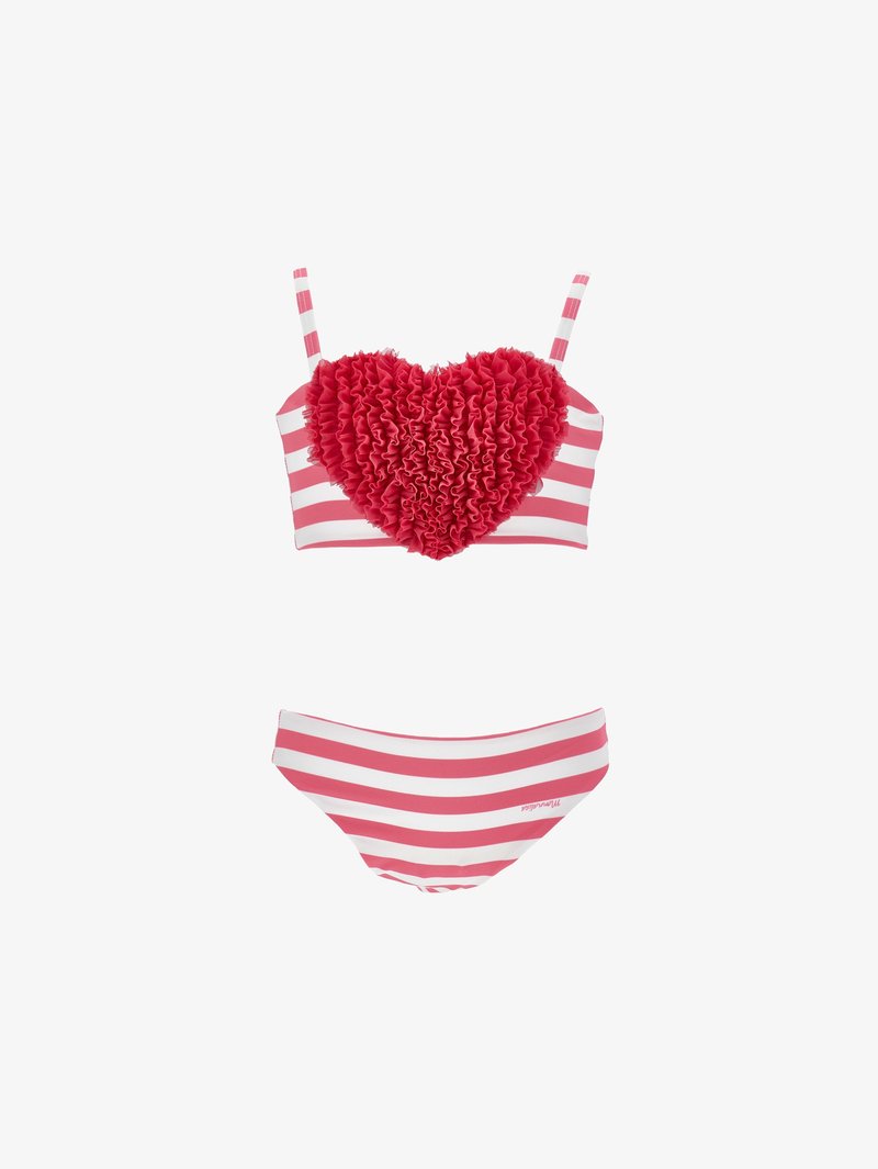 Strappy two-piece swimsuit with a pink striped pattern. The top features a ruffled heart shape, and the bottoms are simple striped.