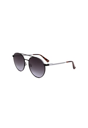 Occhiali da sole aviator in metallo nero con lenti scure sfumate e terminali delle aste con motivo tartarugato su sfondo bianco.