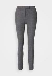 Pantalon gris slim fit avec un motif chevron subtil, fermeture éclair devant et jambes droites sur un fond blanc uni.