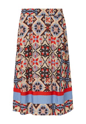 Rock mit Blumenmuster und elastischem Bund, der rot, blau und beige Abschnitte aufweist. Hergestellt aus leichtem Stoff mit einem fließenden Design.