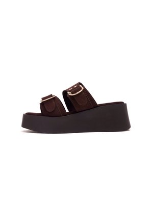 Sandale plateforme marron avec deux brides réglables et boucles dorées, semelle épaisse, vue de profil sur fond blanc.