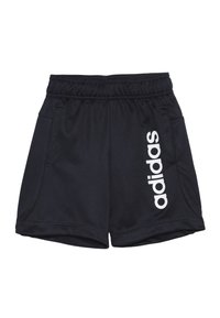 Černé sportovní šortky vyrobené z lehké tkaniny s elastickým pasem, které mají dvě boční kapsy a velké bílé logo "adidas" na boku.