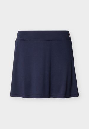 Jupe de sport bleu marine avec une large ceinture et un petit logo sur le côté supérieur droit, présentée sur un fond blanc uni.