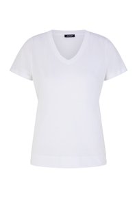 Witte V-hals t-shirt van katoen, voorzien van korte mouwen en een ontspannen pasvorm. Subtiele branding in een lichte kleur op de voorkant.
