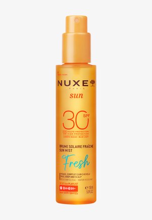 Nuxe Sun SPF 30 oranje sprayfles met waterbestendige zonnemist voor gezicht, lichaam en hoofdhuid, 150 ml, met bescherming tegen blauw licht.