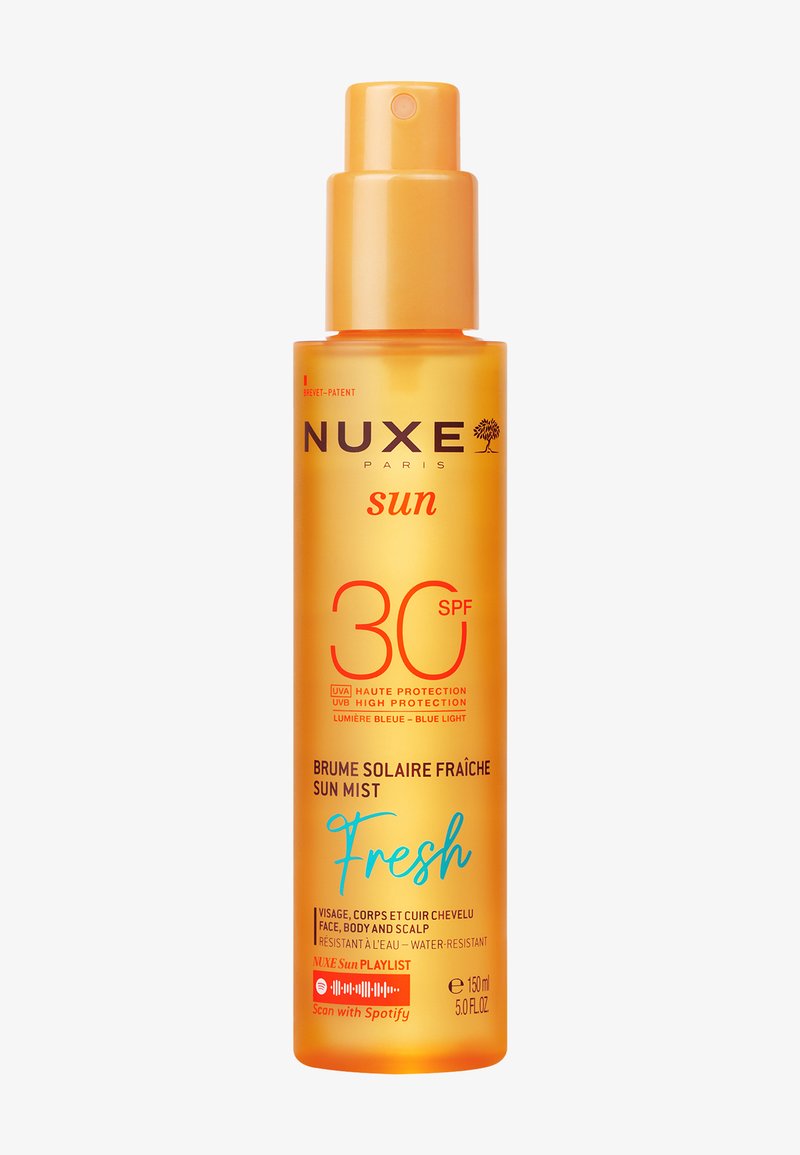 Spray solaire Nuxe Sun SPF 30 orange, brume résistante à l'eau pour le visage, le corps et le cuir chevelu, 150 ml, avec protection contre la lumière bleue.