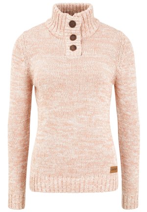 Maschenpullover in hellpfirsich mit einem gerippten Kragen, drei braunen Knöpfen und einem strukturierten Muster. Verfügt über ein Logo-Tag an der Seite.