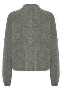 Szürke kötött pulóver, rövidített fazon, hosszú ujjú, puha tapintású, finom bolyhos, minimalista gallér, látható záródások vagy minták nélkül.