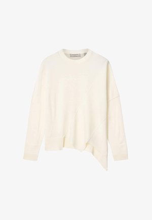 Kremowy sweter z długim rękawem, asymetrycznym dołem i subtelnymi, teksturowanymi, ukośnymi panelami, z okrągłym dekoltem oraz ściągaczami na mankietach i u dołu.